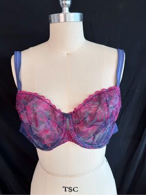 Paramour Sheer Lace Underwire Bra in Purple with Pink Embroidery